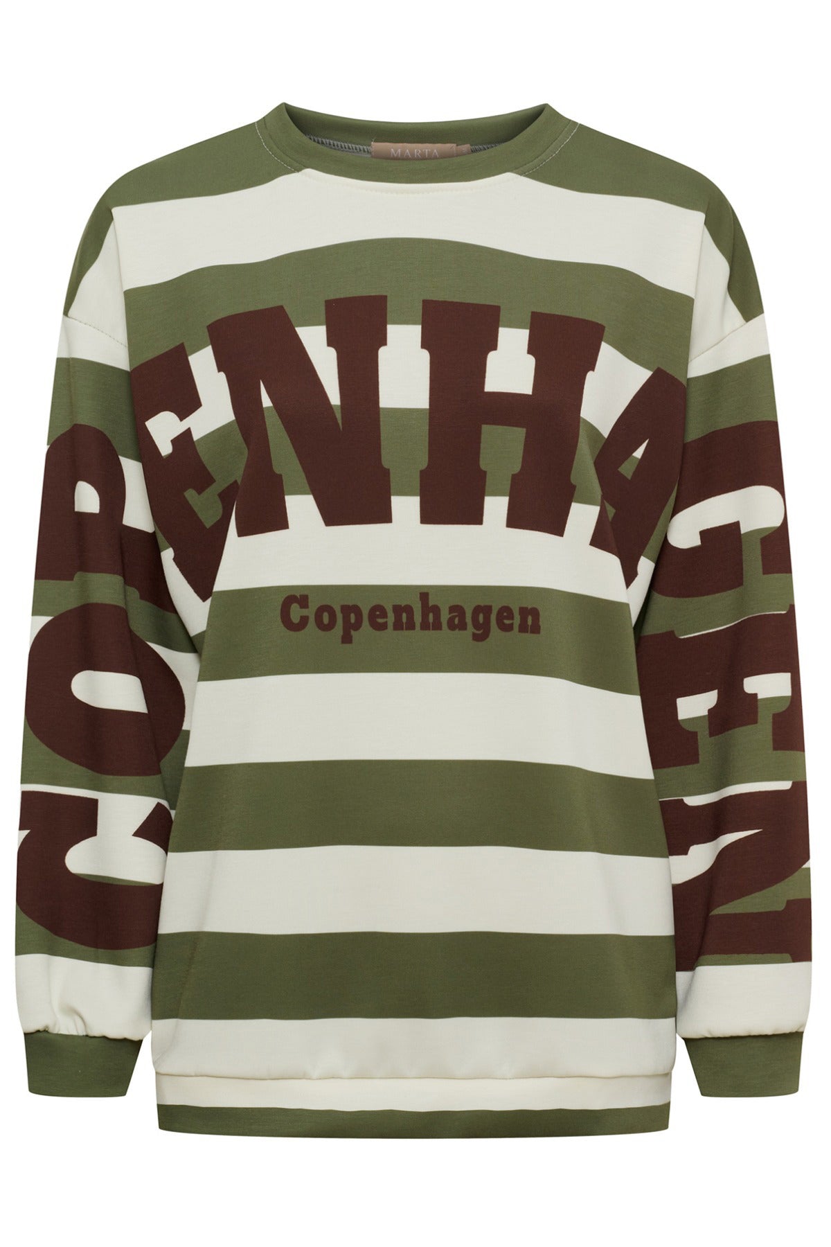 Stribet sweatshirt i grøn og beige med stort mørkerødt print og rund hals.