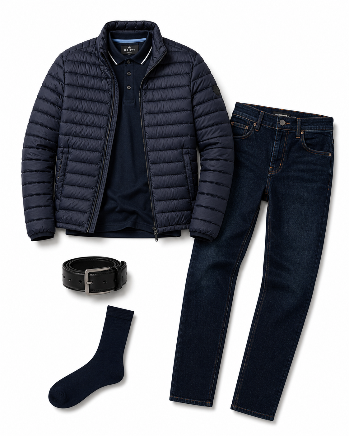 Fladlay med mørkeblå letvægtsjakke, marineblå polo, mørke jeans, sort læderbælte og blå strømper til en alsidig herregarderobe.