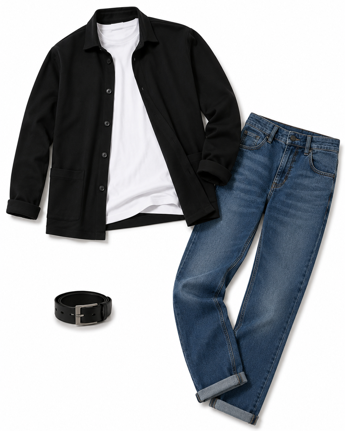 Fladlay med sort overshirt, hvid T-shirt, blå jeans og sort læderbælte – klassiske basisfavoritter til herregarderoben.