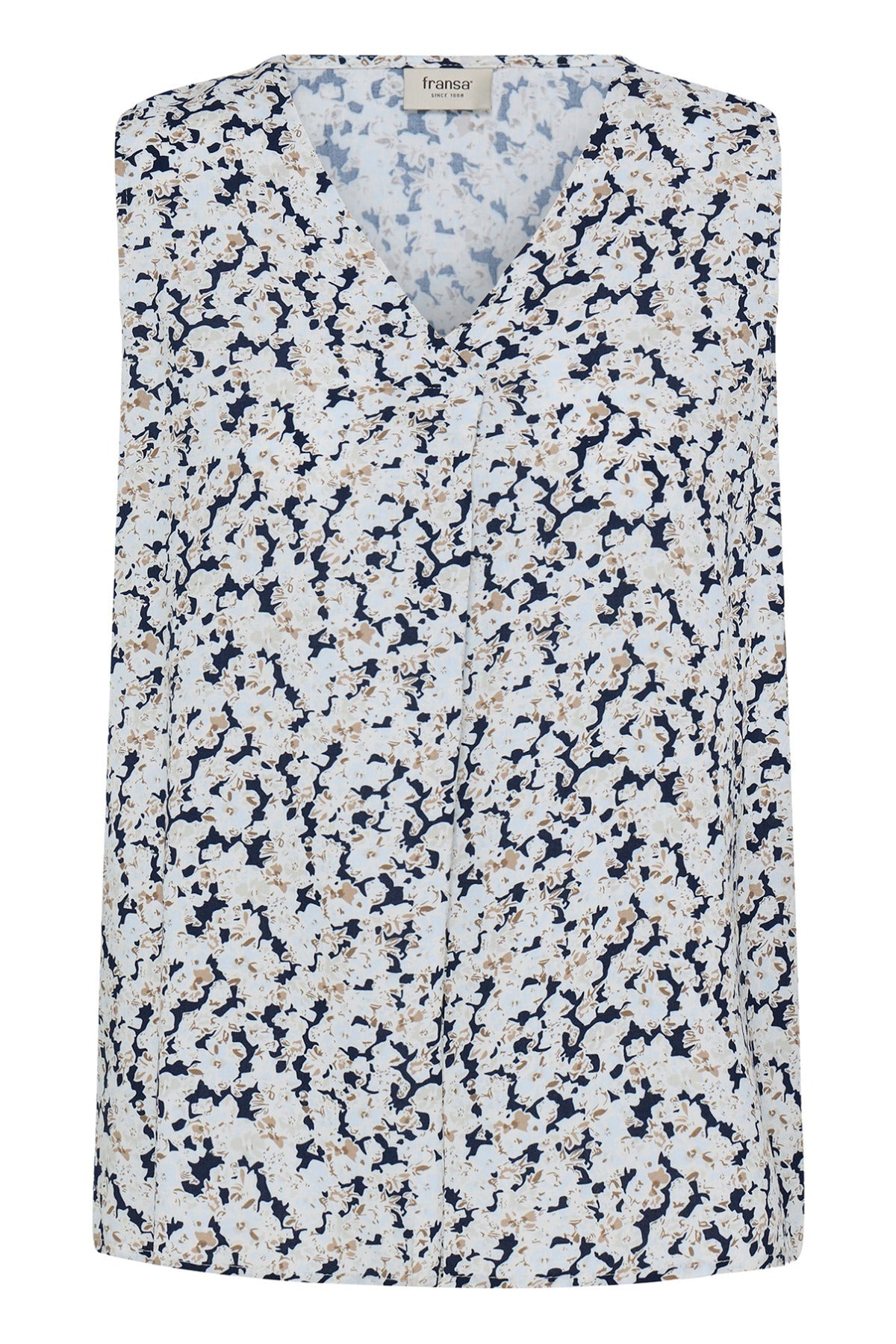 Navy ærmeløs bluse med boho blomsterprint og V-udskæring.