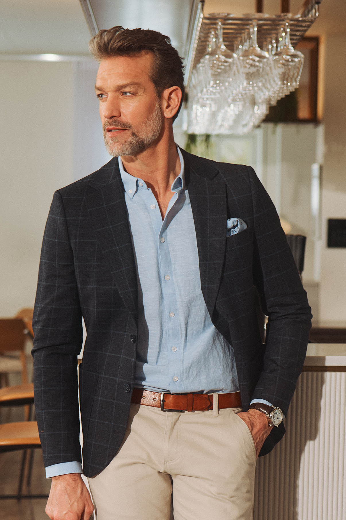 Olly - Mørkeblå uldblazer med ternet mønster