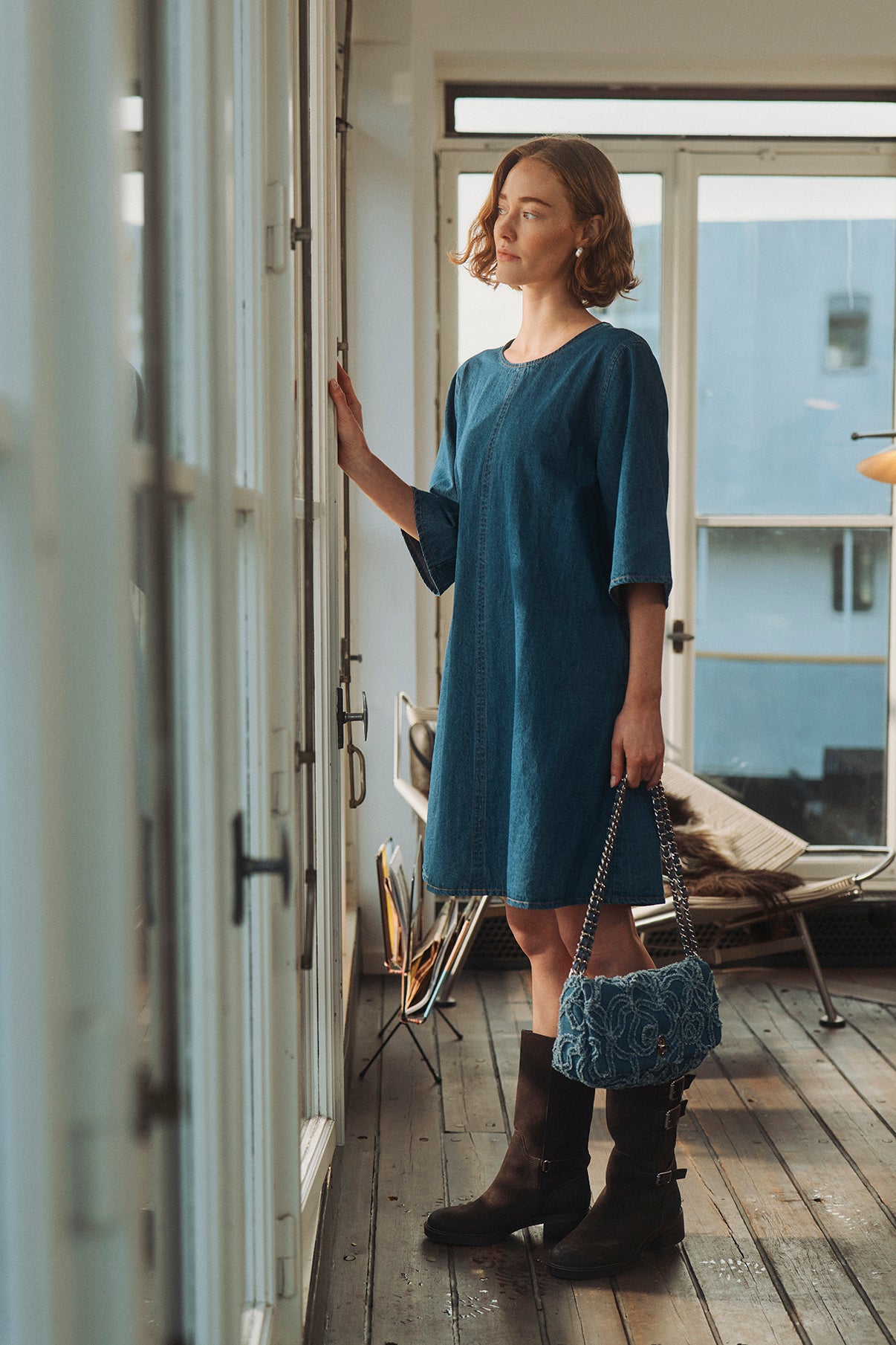 Adda - Denim kjole med trekvartærmer og lommer