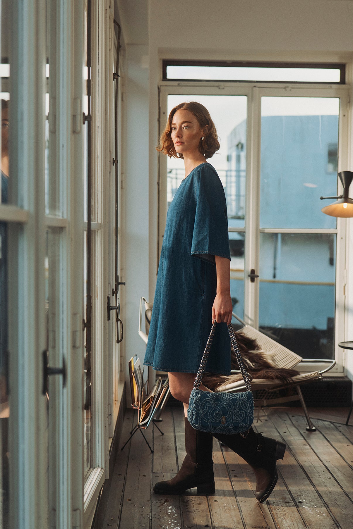 Adda - Denim kjole med trekvartærmer og lommer