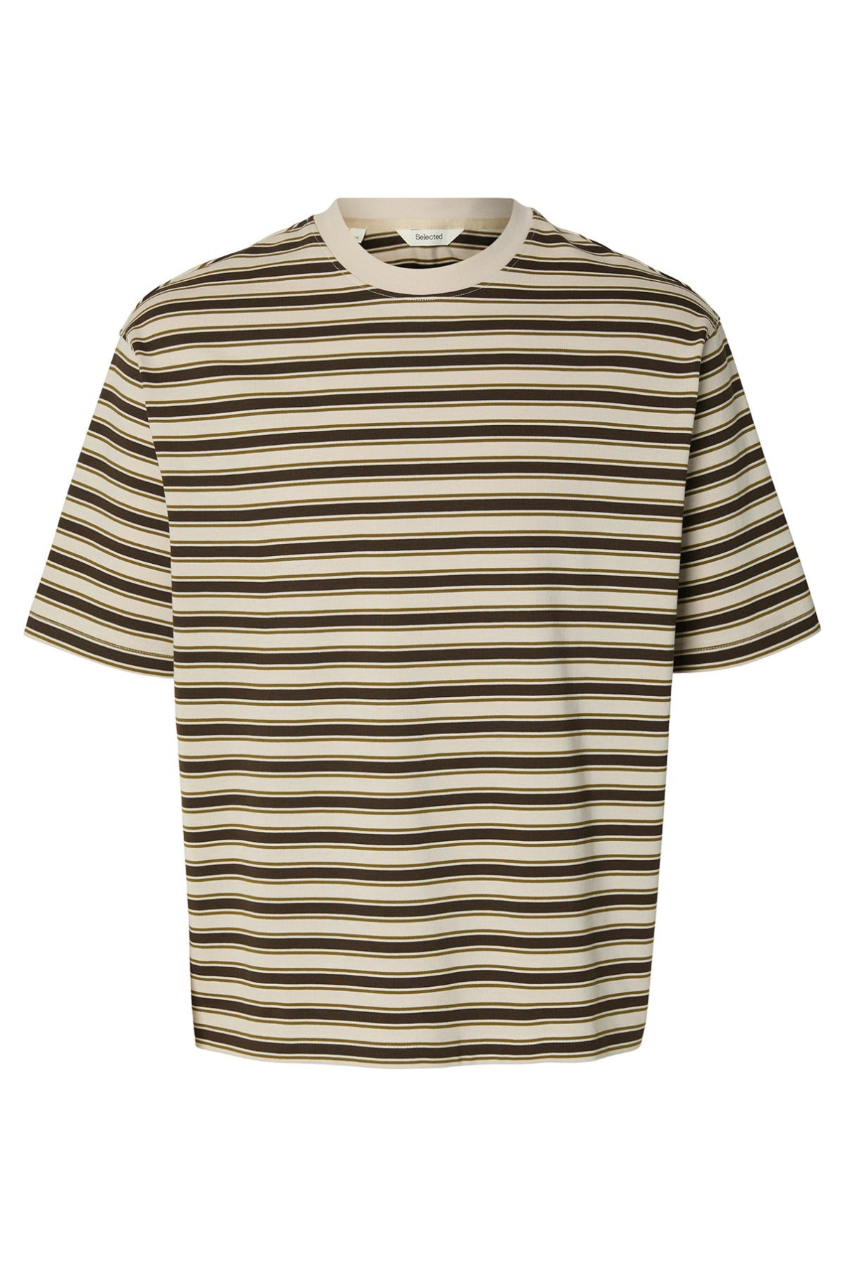 Kortærmet t-shirt med beige, sort og hvide vandrette striber og rund hals i bomuld.