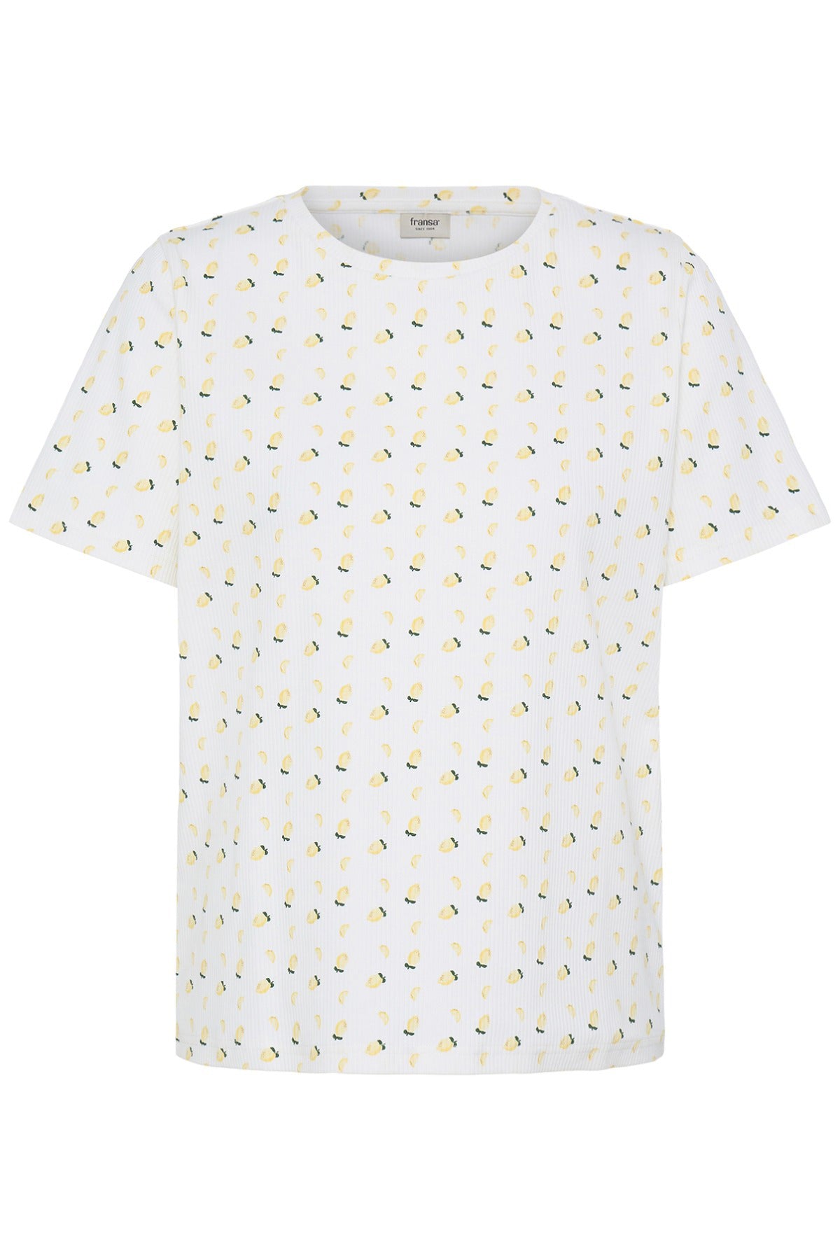 Hvid kortærmet t-shirt med rund hals og små gule og grønne citronprints over hele fronten.