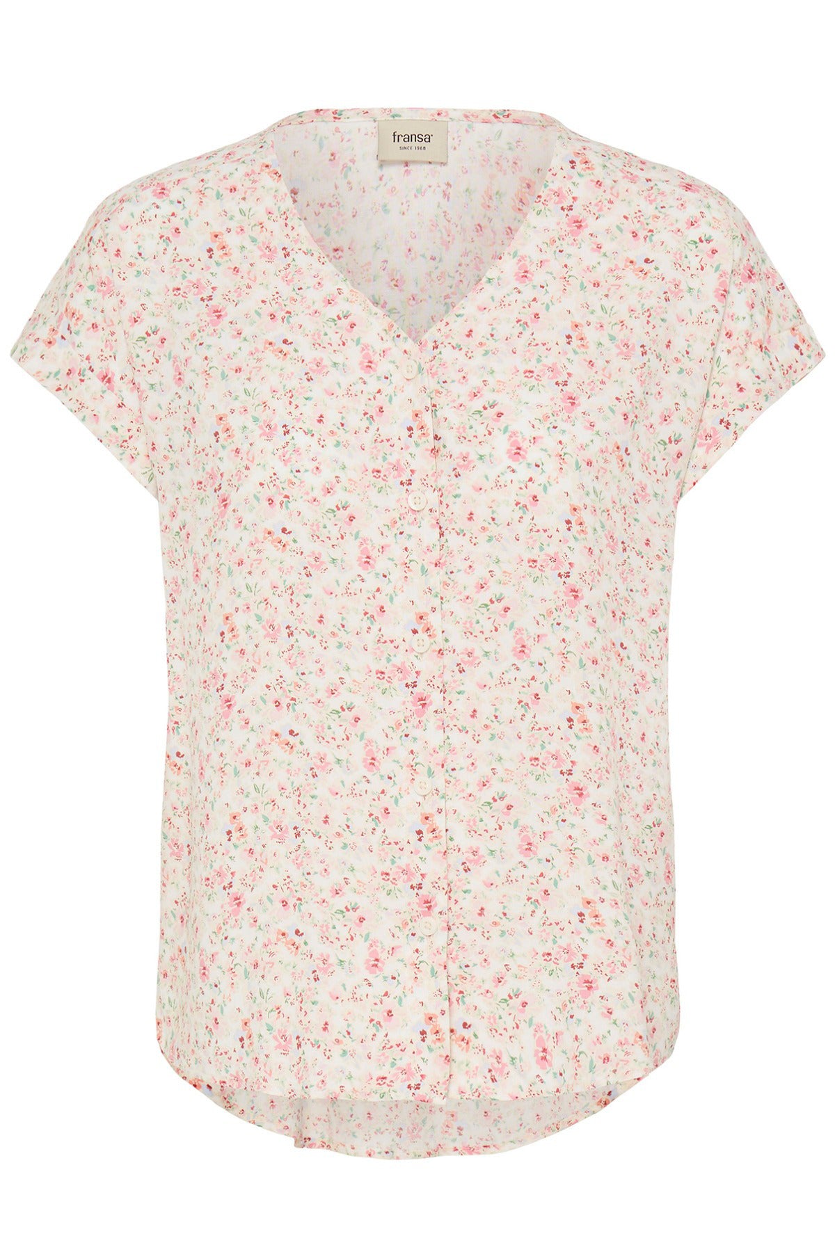 Kortærmet hvid skjortebluse med pink og grønne blomstermønstre og V-hals.