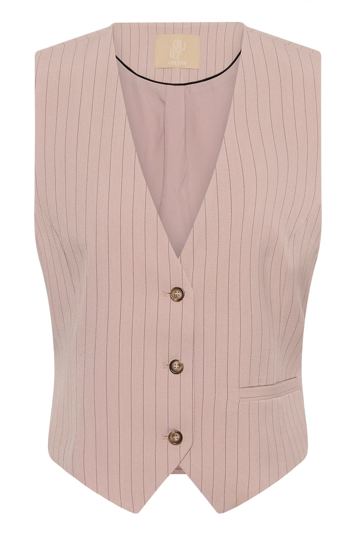 Pale mauve vest med tynde striber og knapper foran i brunt trælook.