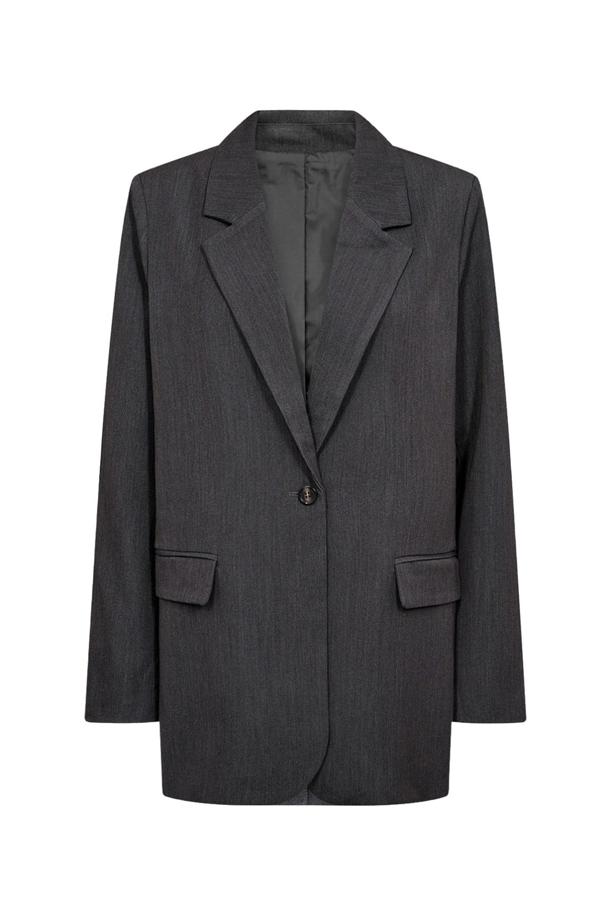 Sort oversize blazer med revers, enkelt knap og lommer med klap i front.