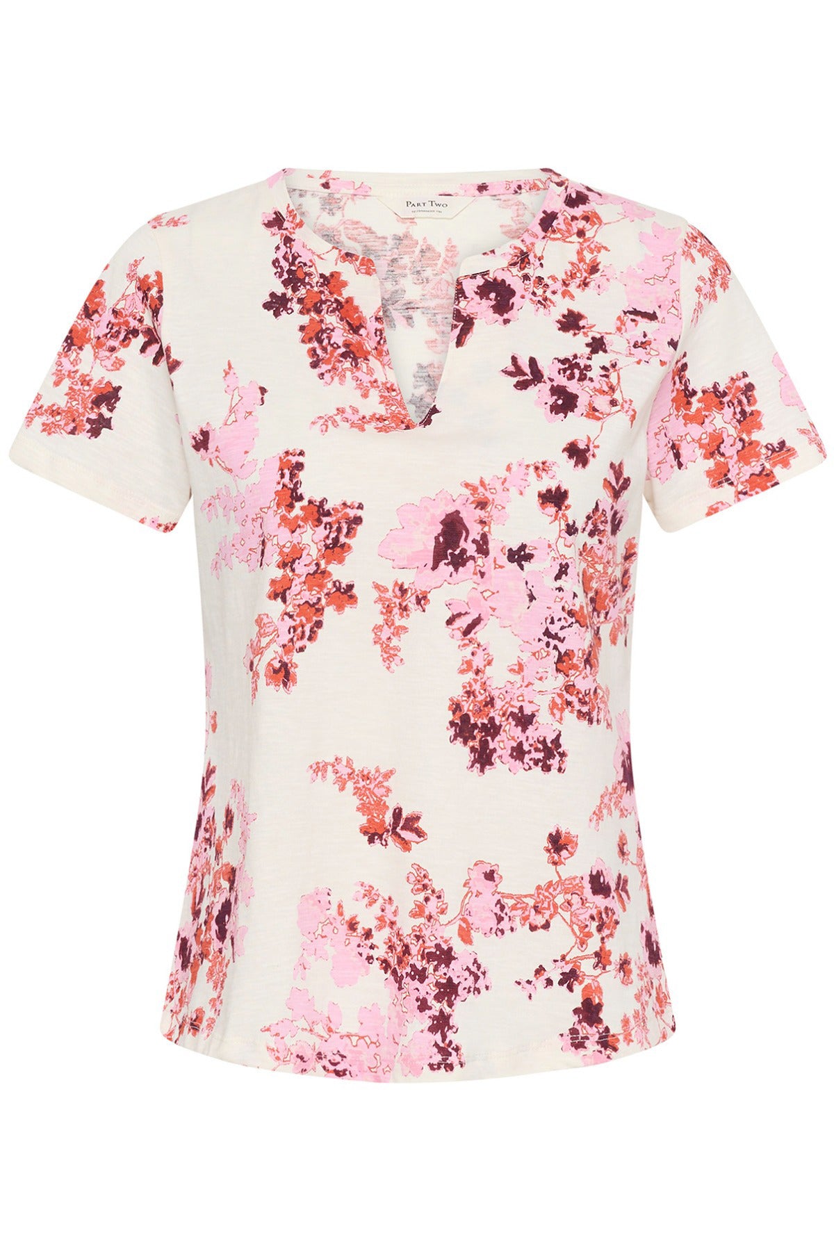 Kortærmet bluse i beige med pink og rødt blomsterprint og rund halsringning.