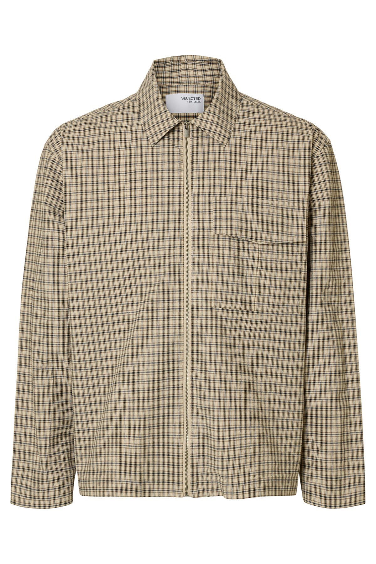 Beige og brunt ternet overshirt i afslappet pasform med krave og lynlås foran.