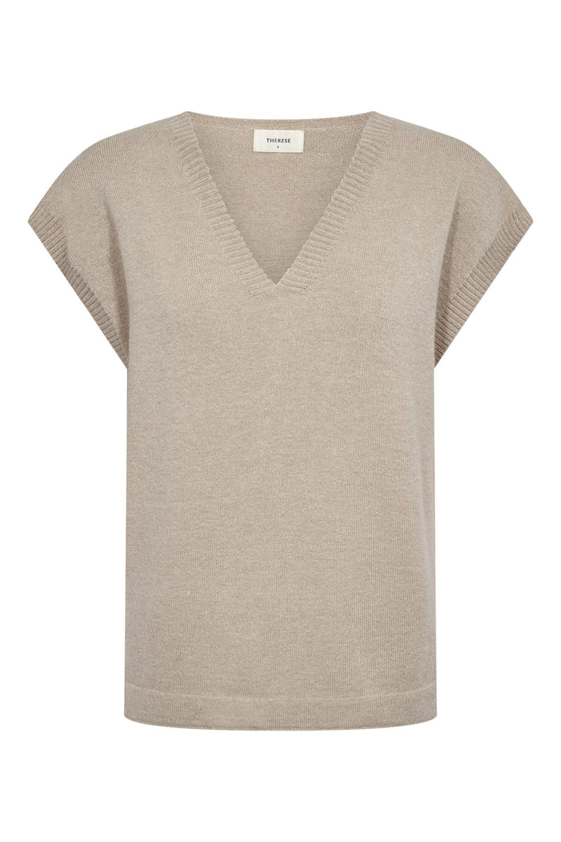 Kortærmet strikvest i lys beige cashmere med v-udskæring og ribdetaljer.