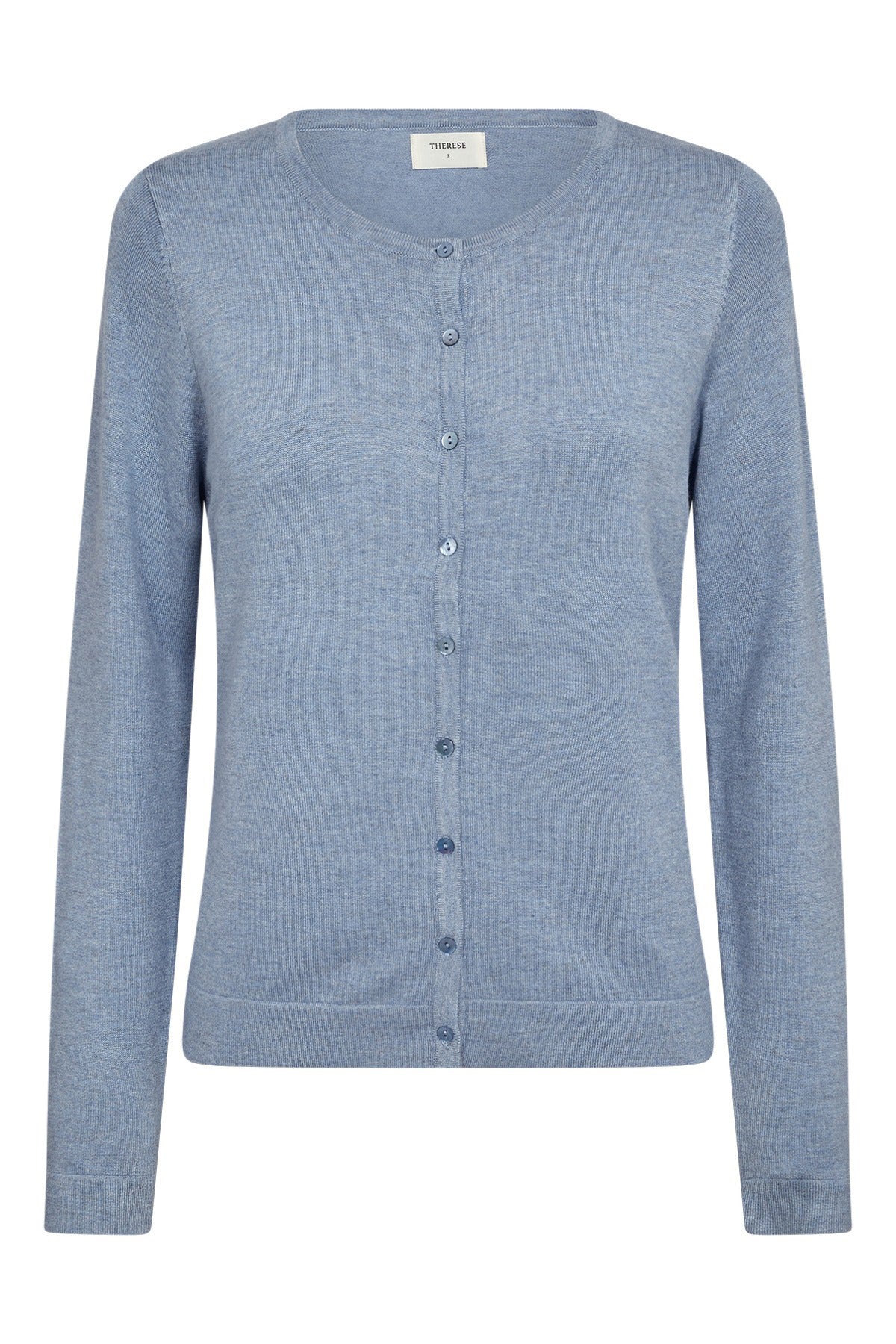 Lyseblå klassisk cardigan i let materiale med rund hals og knapper foran.