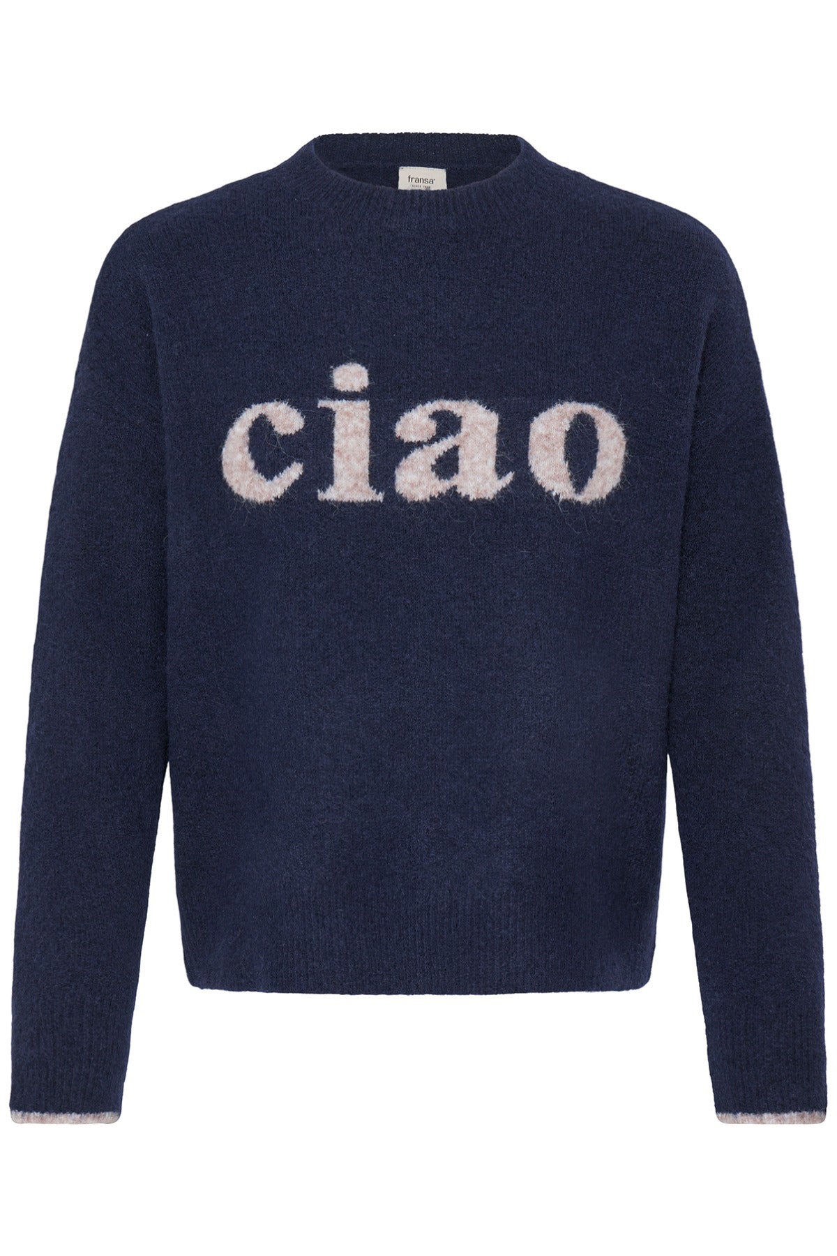 Mørkeblå langærmet strik i uldkvalitet med beige teksten "ciao" foran.