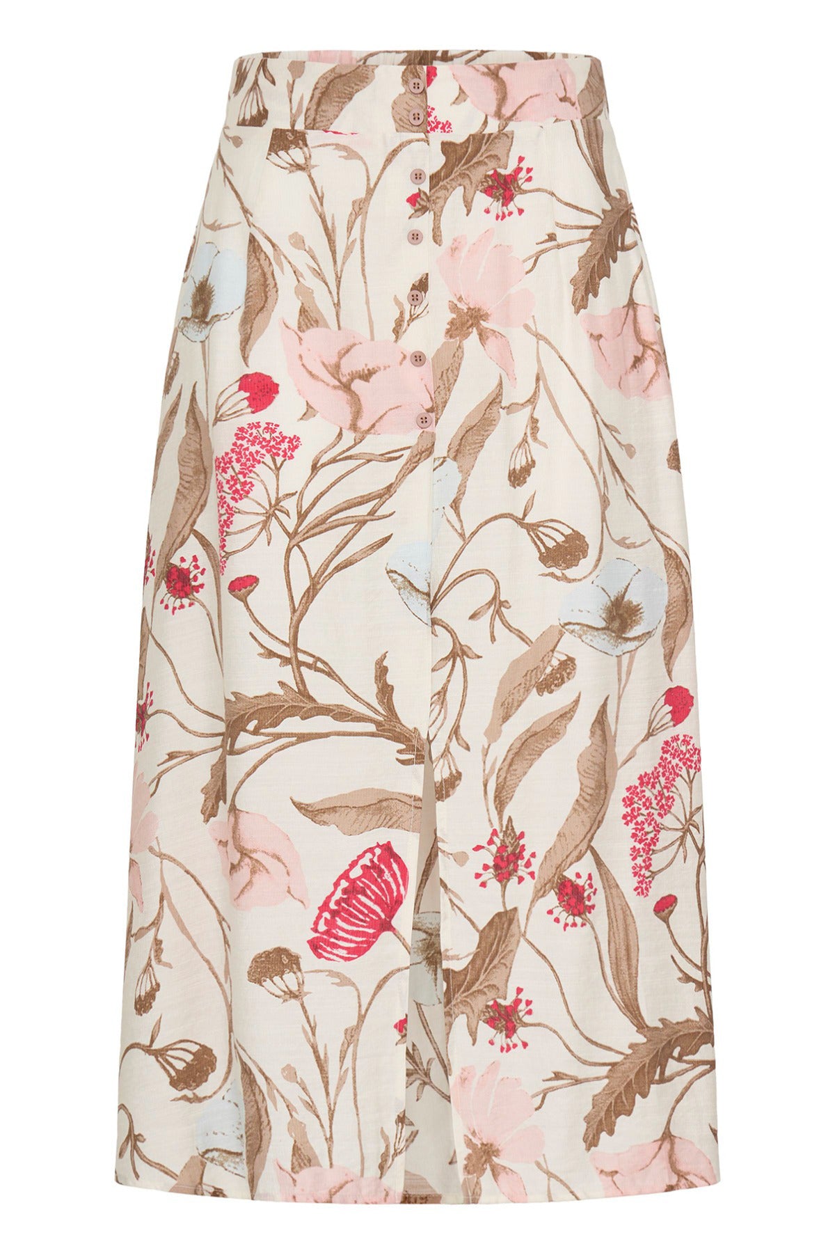 Lang blomster nederdel i lyse farver med pink og brune blade og slids foran.
