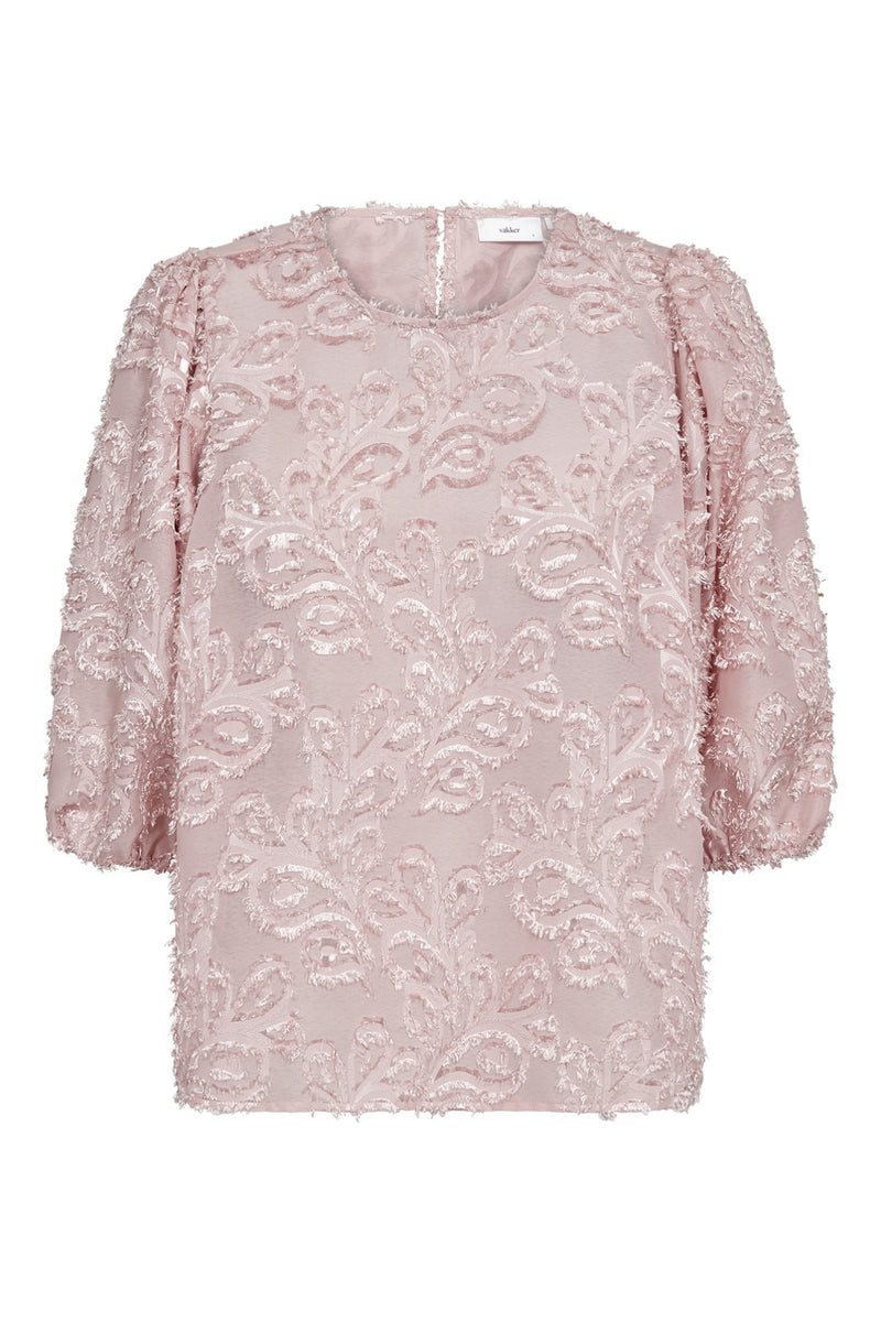 Salsa rosa trekvartærmet bluse med broderet blomsterdesign og rund hals.
