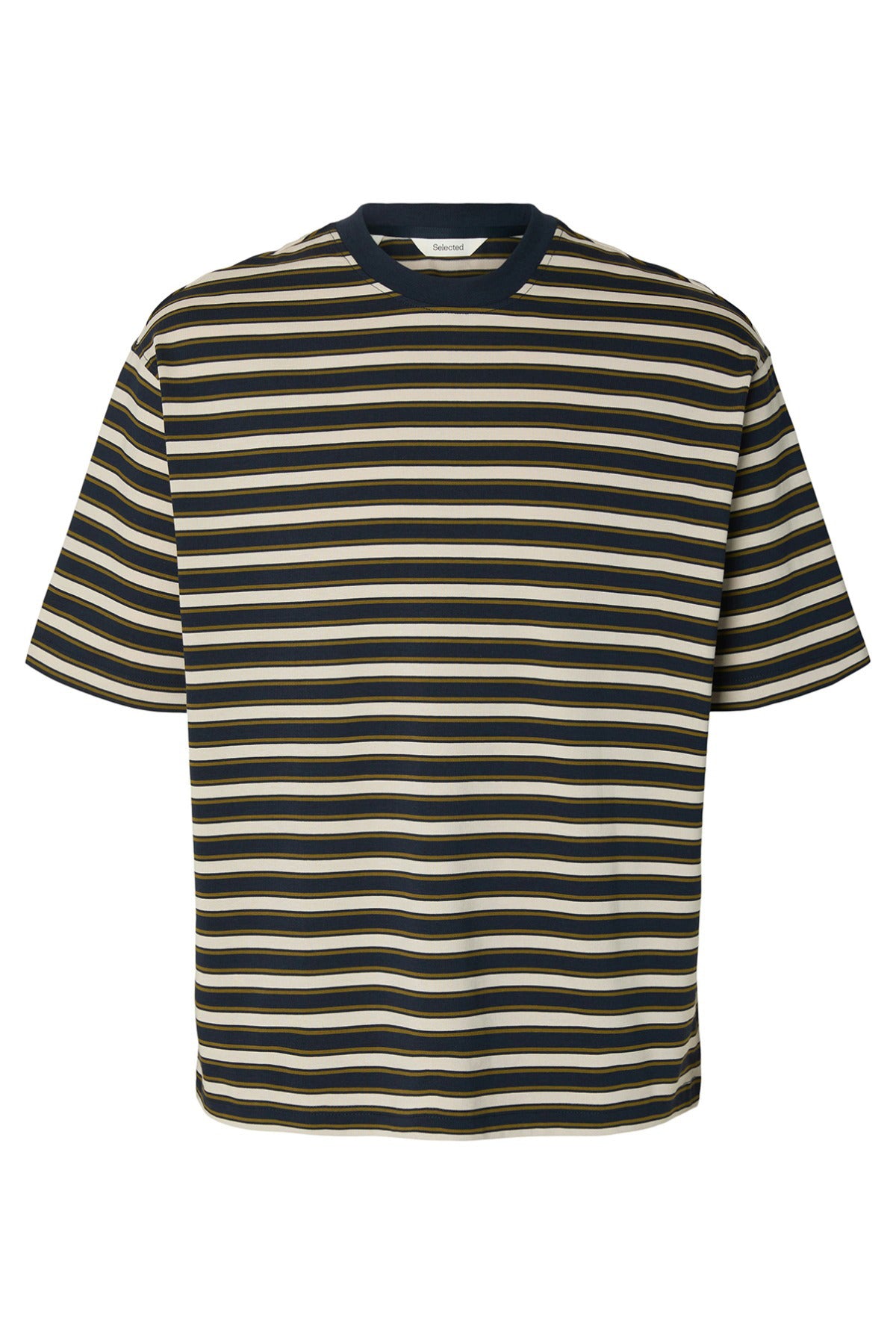 Kortærmet t-shirt med vandrette striber i blå, sort og beige samt mørkeblå ribkant ved halsen.