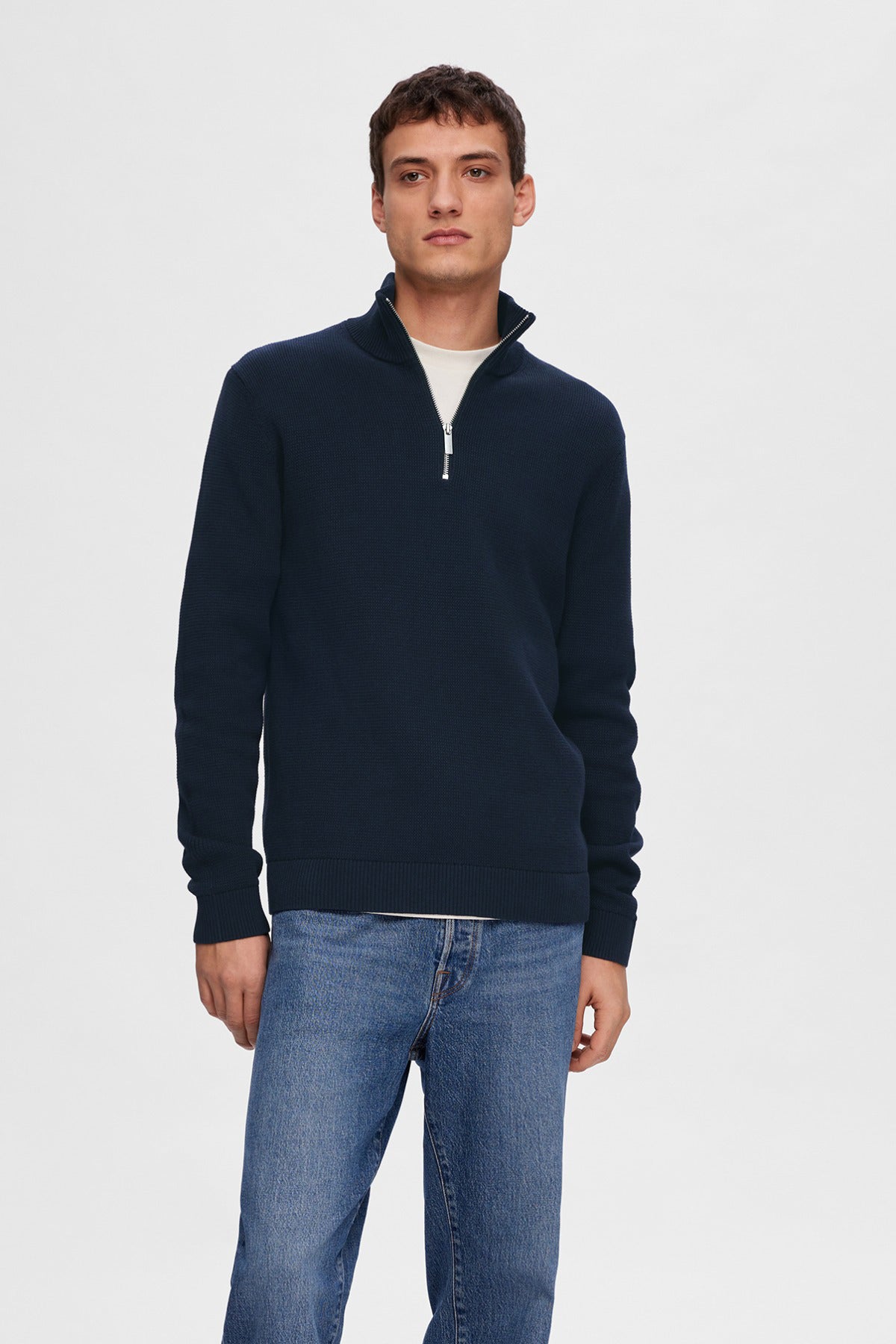 SLHDANE - Langærmet struktureret strik med half zip