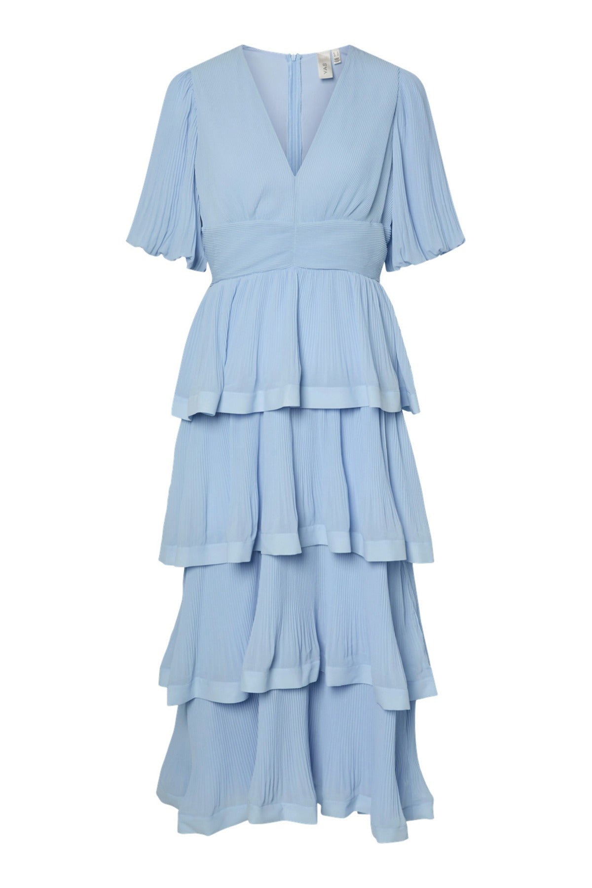 Lyseblå kortærmet lang kjole med v-hals og lagdelte flæser i chiffon.