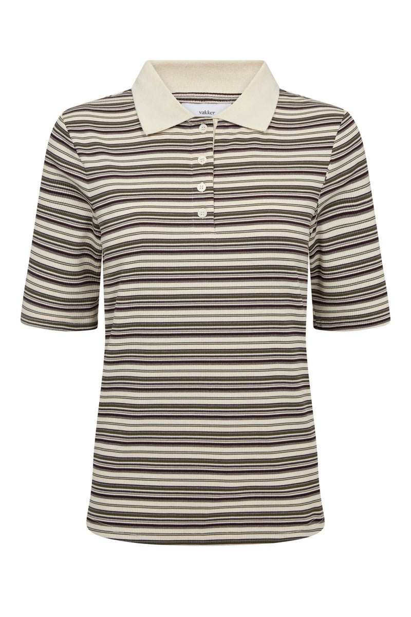 Stribet polo t-shirt i ribkvalitet med beige krave og korte ærmer.