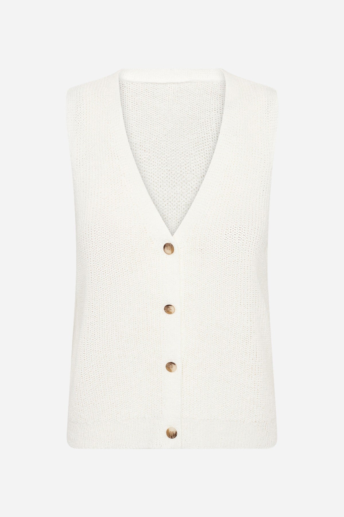 Hvid strikket vest med dyb V-hals og brune knapper foran.