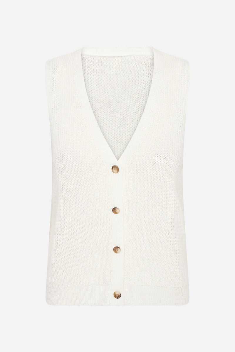 Hvid strikket vest med dyb V-hals og brune knapper foran.