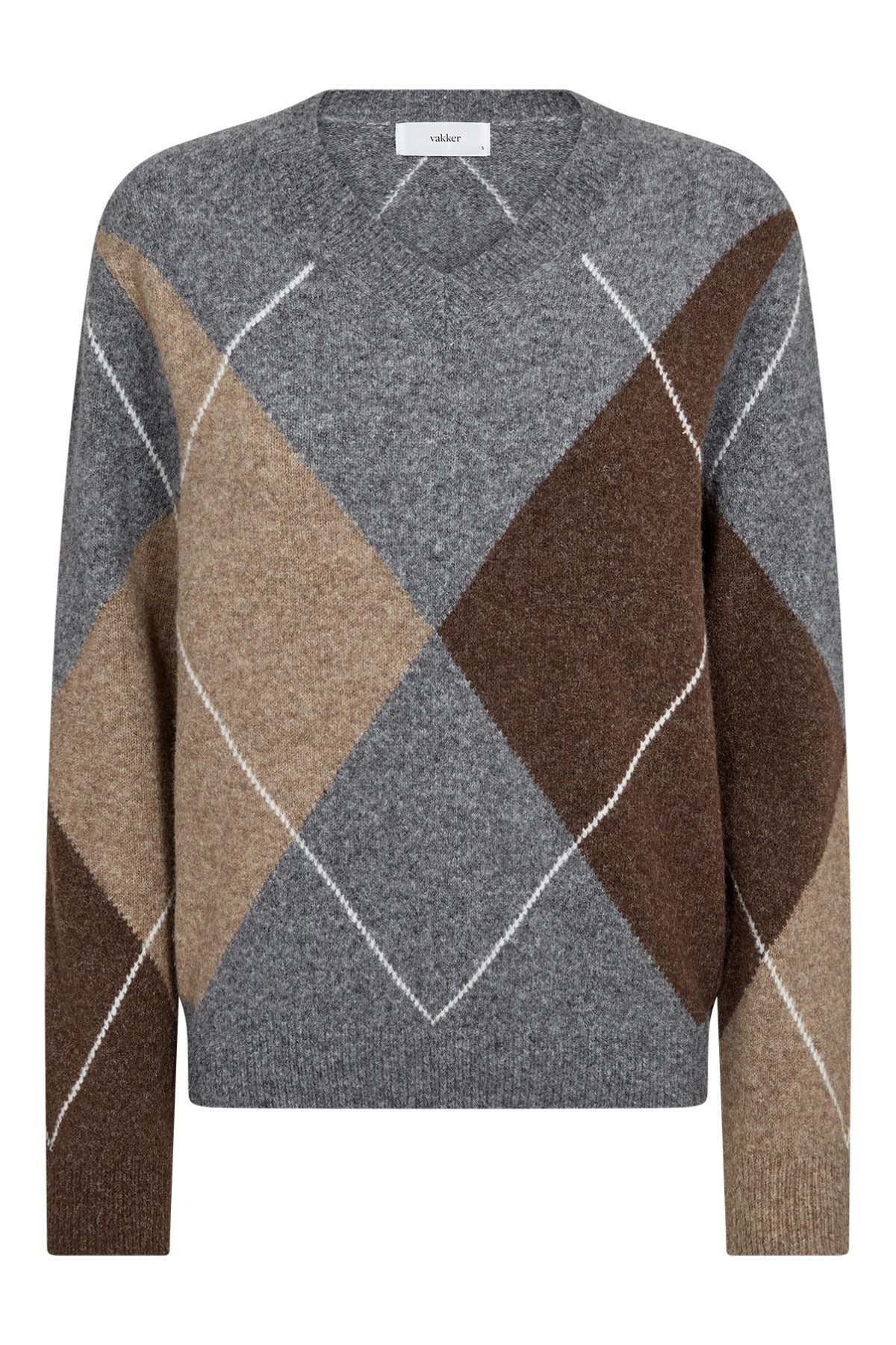 Langærmet strik i uld med grå, brun og beige diamantmønster og rund hals.