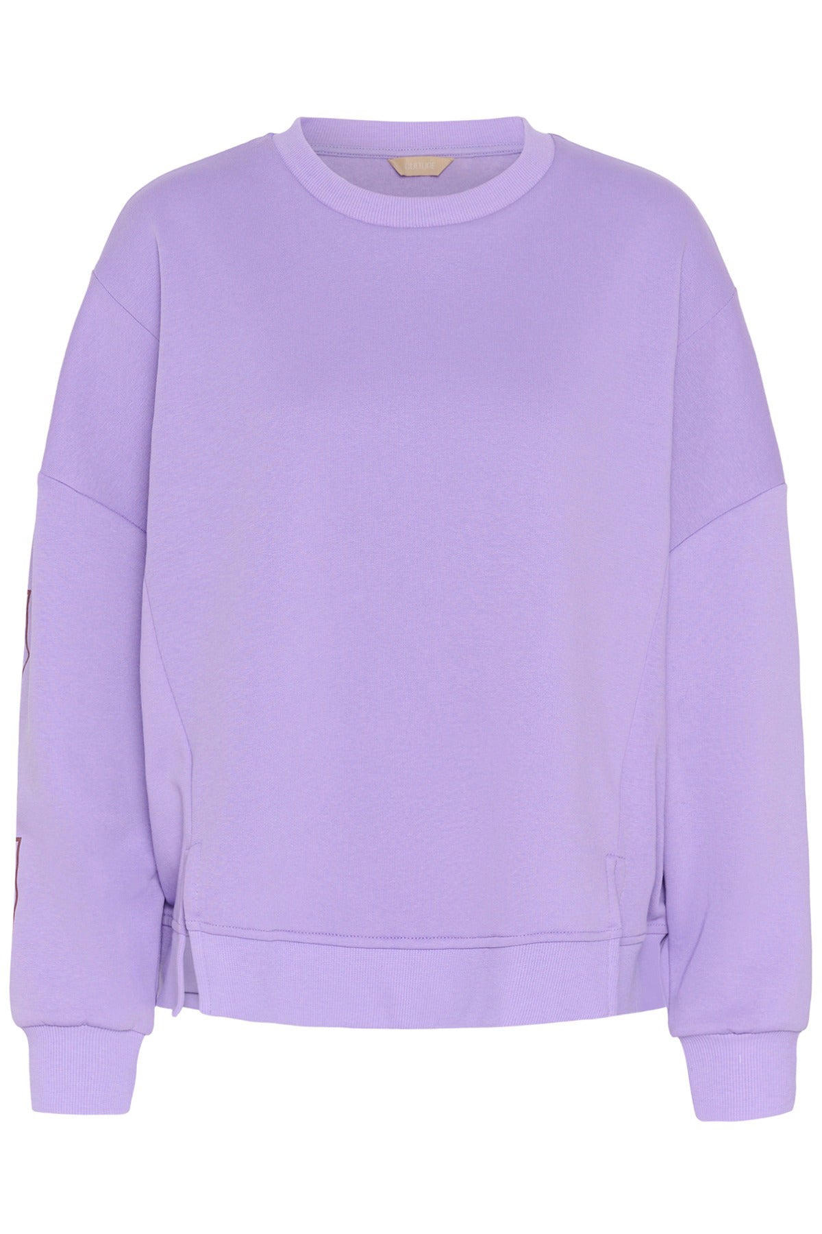 Lilla oversized sweatshirt med rund hals og ribkanter på ærmer og talje.