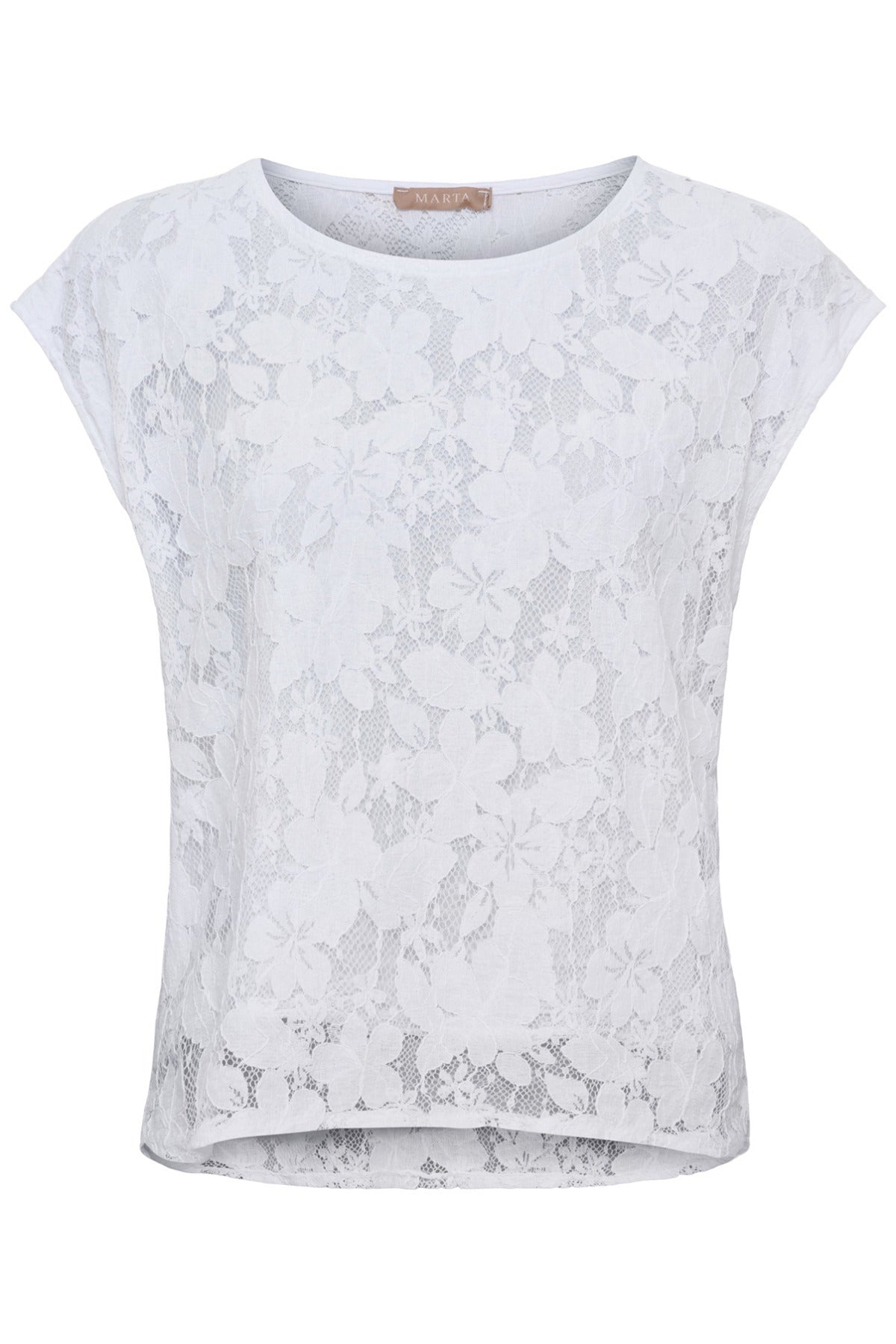 Hvid kortærmet blonde top med rund hals og blomsterrelief, let transparent design.