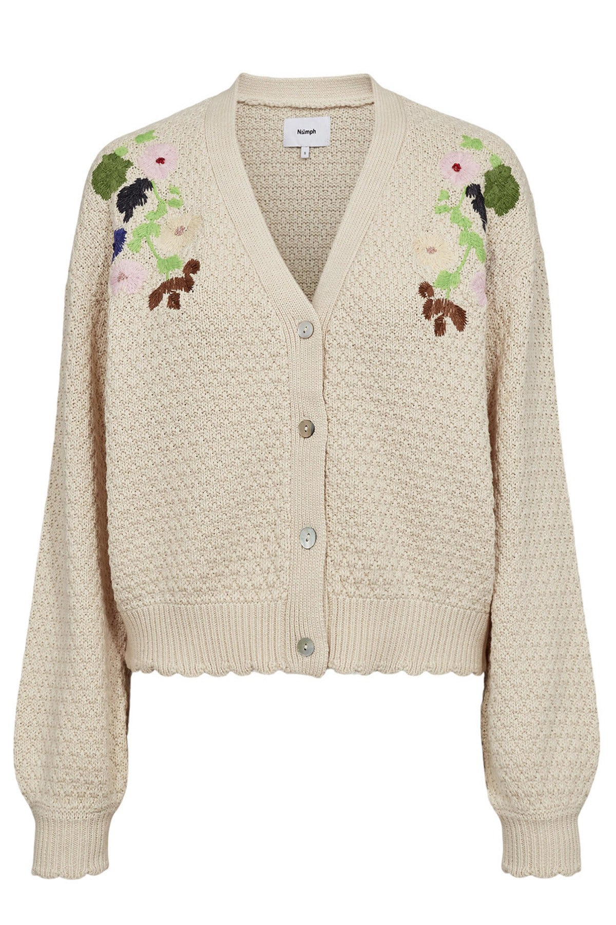 NUMAGGIE - Strikcardigan med V-hals og Blomsterbroderi