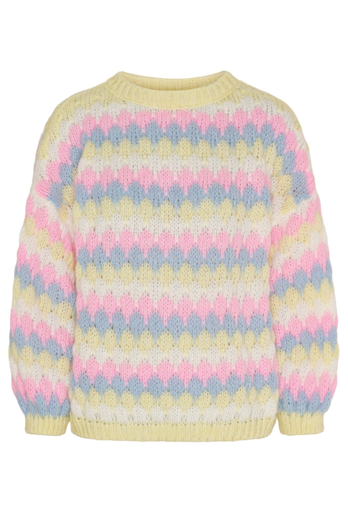 Strikket sweater med mønster i pink, blå og beige med let uld, rund hals og ribkanter.