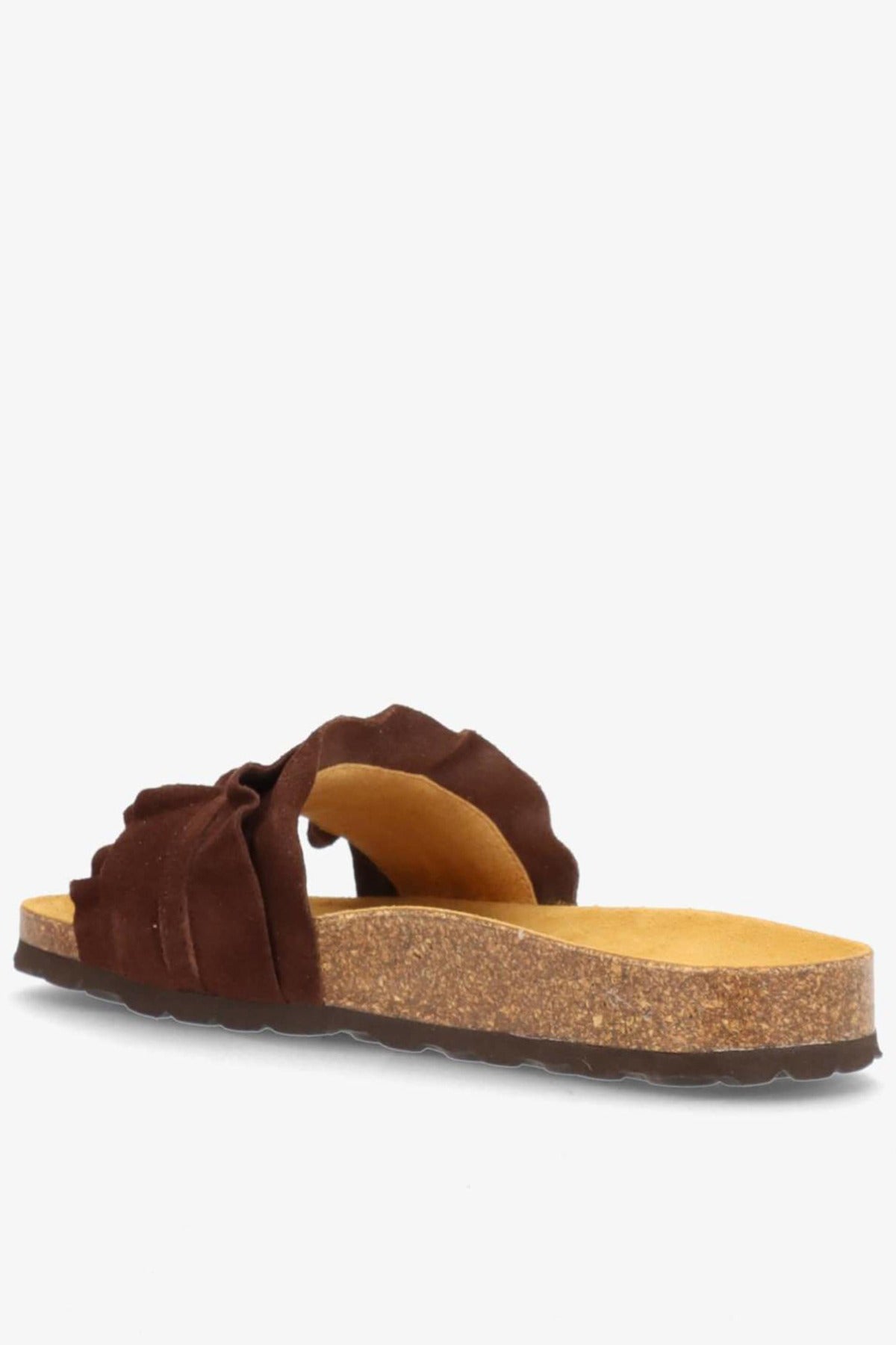 Slip-in sandaler i mørkebrunt ruskind med knudet detalje og korksål.