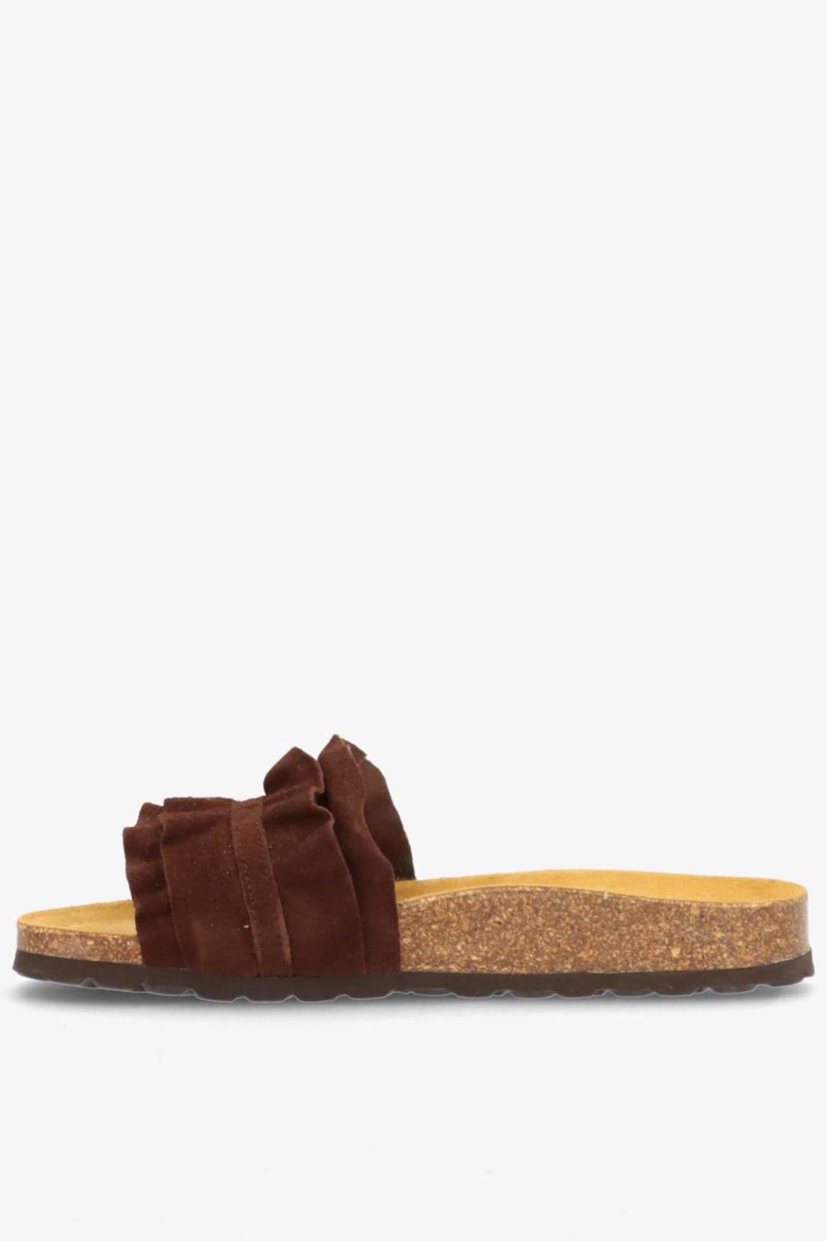 Brune slip-in sandaler i ruskind med flæsedetaljer og korksål.