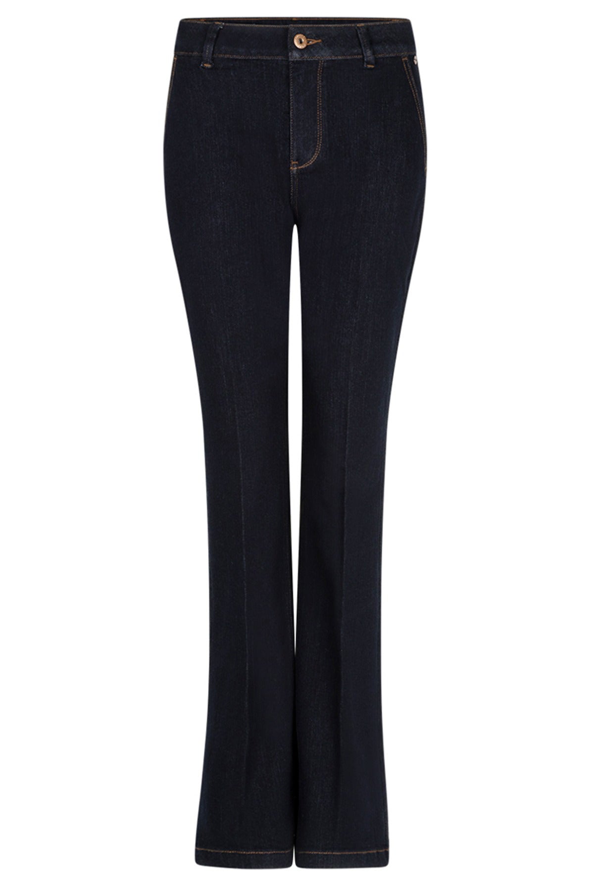 Mørkeblå bløde jeans med flared fit og kobberfarvet knap foran.