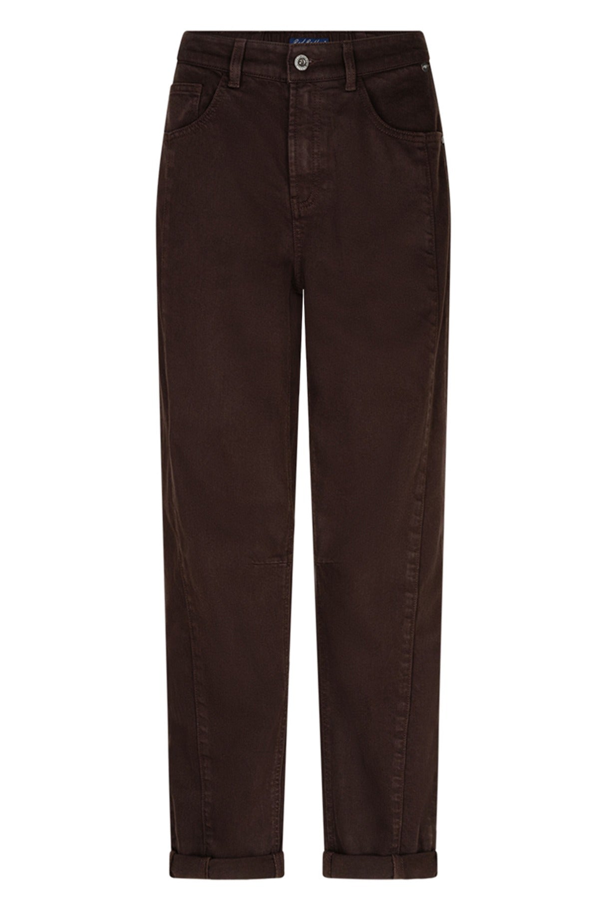 Mørkebrune bløde bukser i tencel twill med lommer og knaplukning foran.