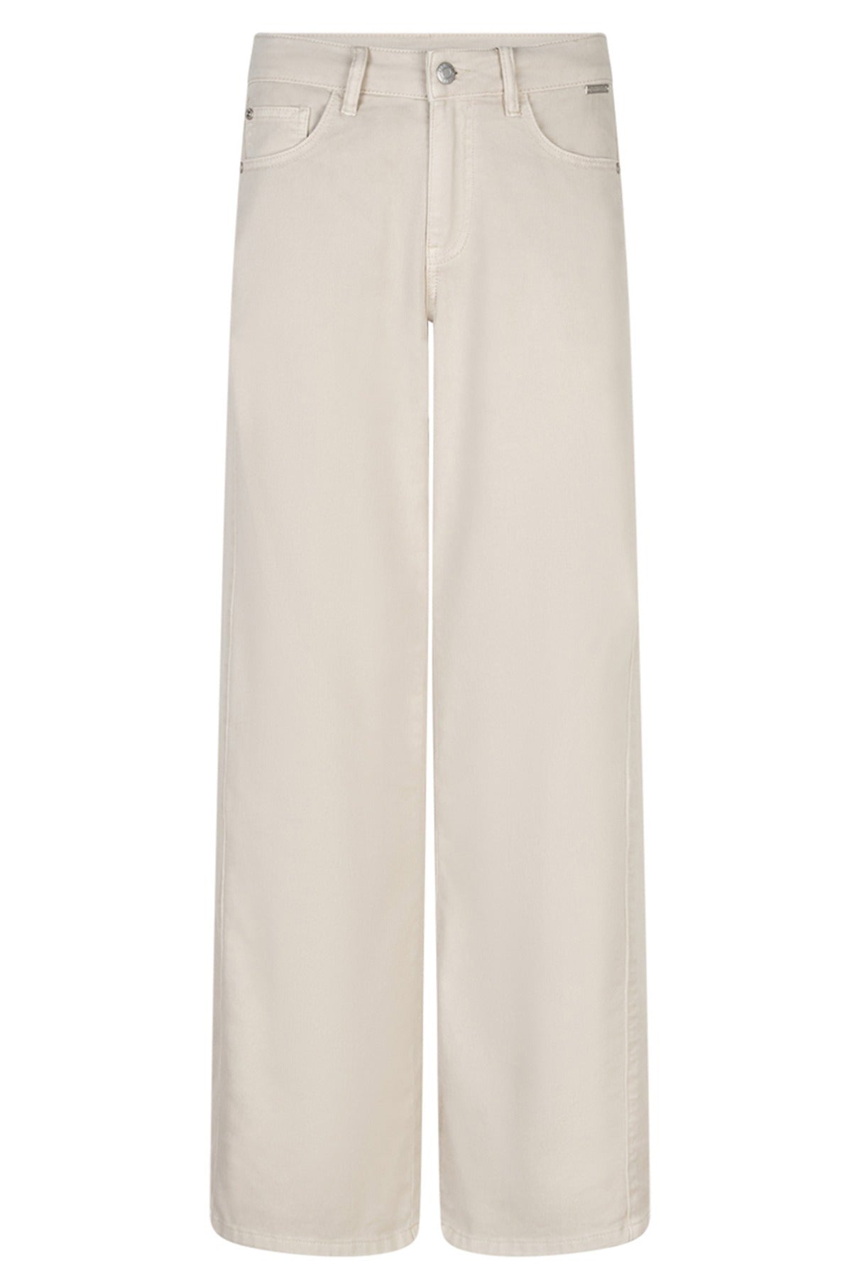 Beige twill jeans med rette ben og syninger foran, høj talje og bæltestropper.