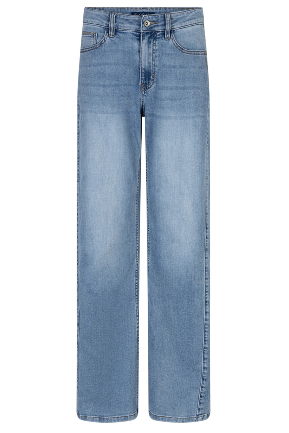 Lyseblå strækbare jeans med brede ben og skæve sømme foran.