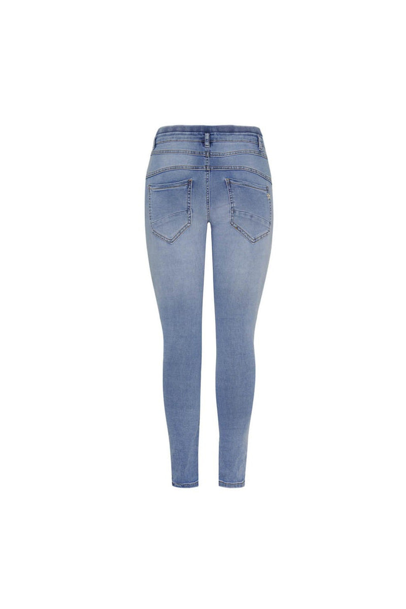 Blå denim skinny jeans med højt talje og baglommer.