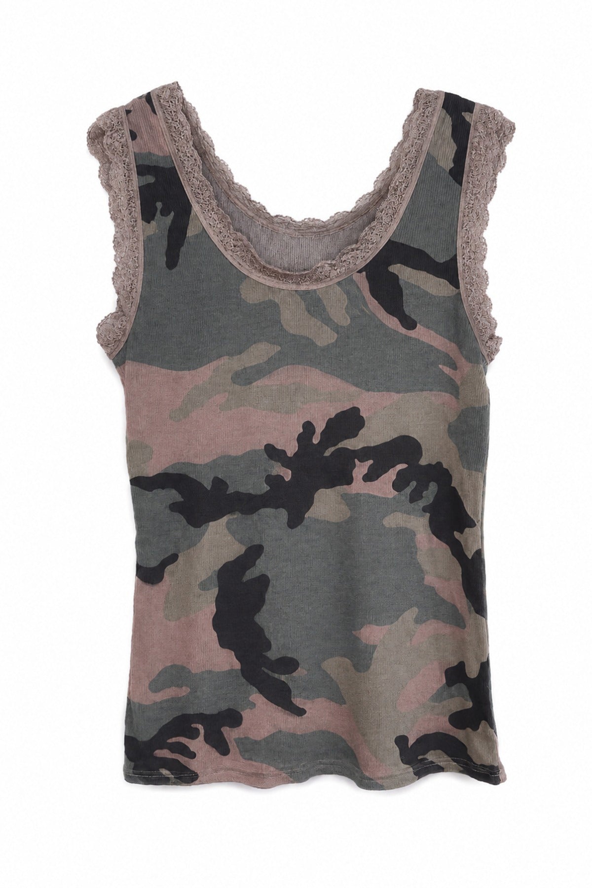 MdcAngeline - Tanktop i militærprint med blondedetaljer
