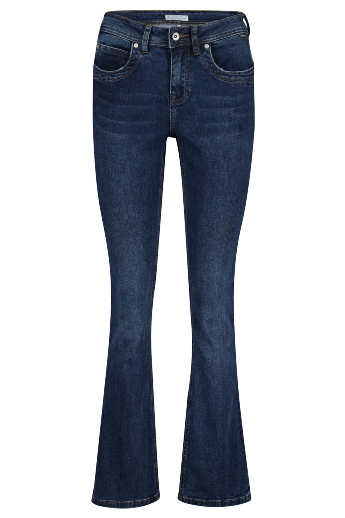 Mørkeblå regular fit jeans med let flair i benene og synlige detaljer ved lommer og lynlås.