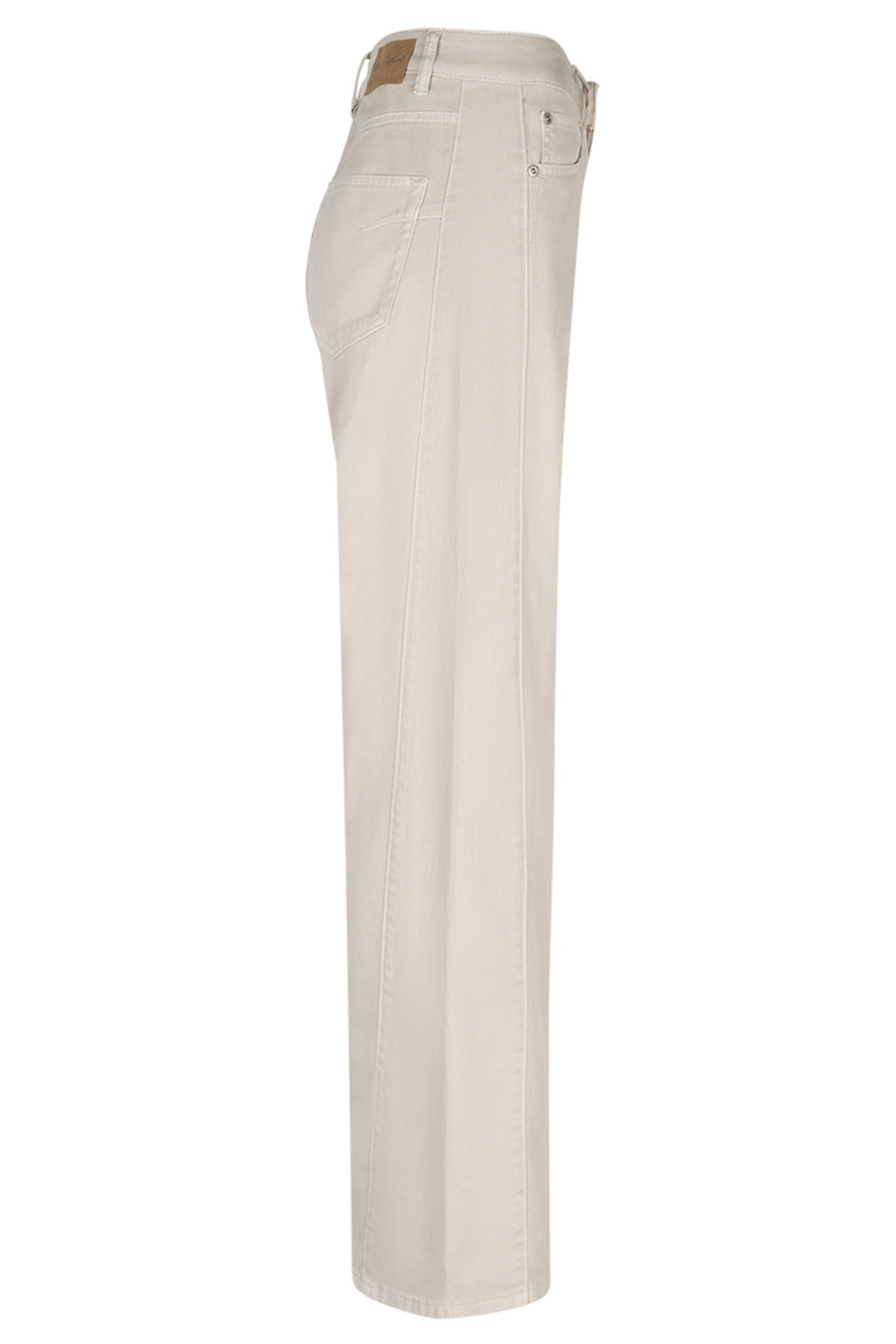 Beige twill jeans med lige ben og dekorative syninger ved lommer og sidesøm.