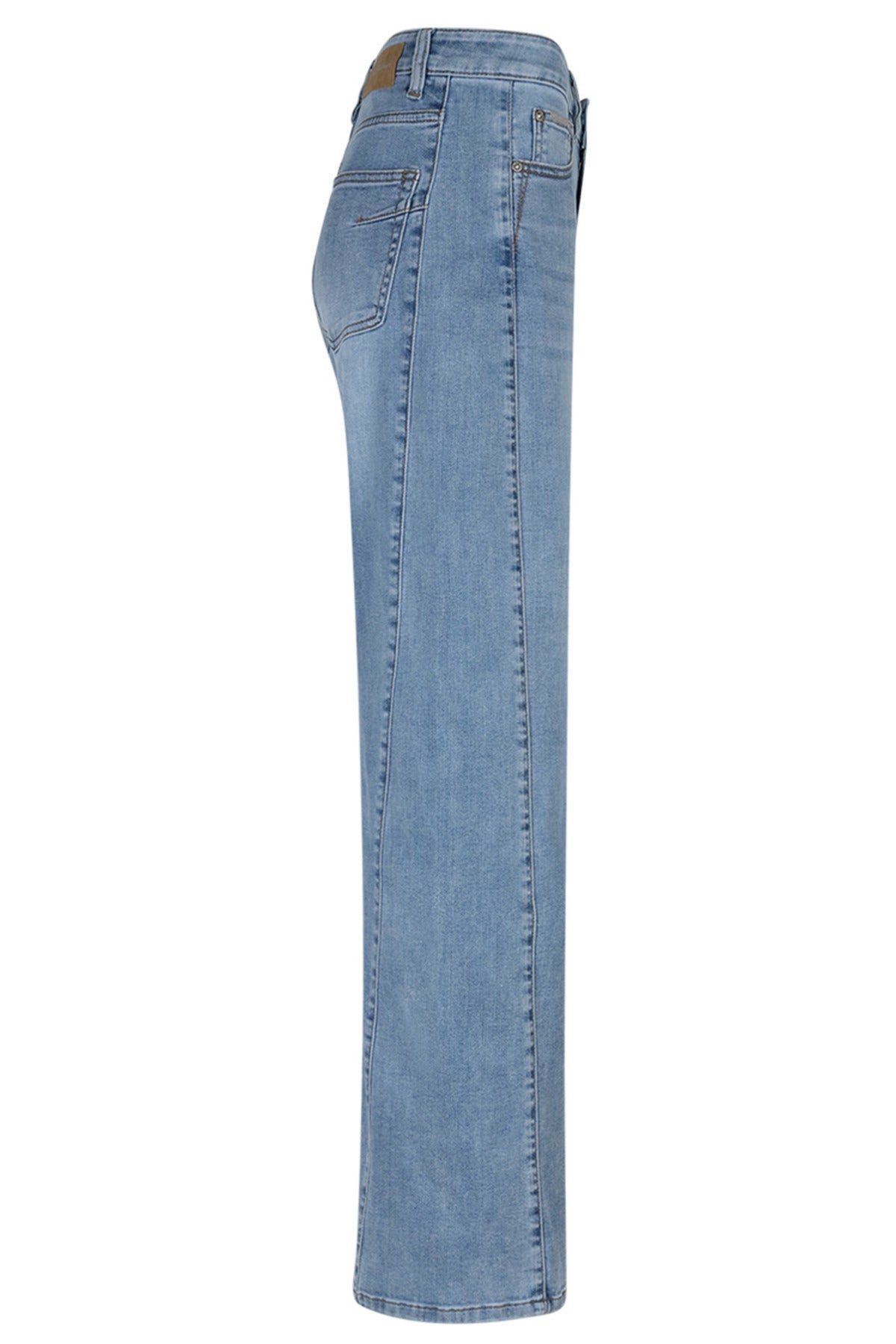 Lyseblå jeans med brede ben og skrå søm, strækbart materiale, høj talje, sidesyning og lommer.