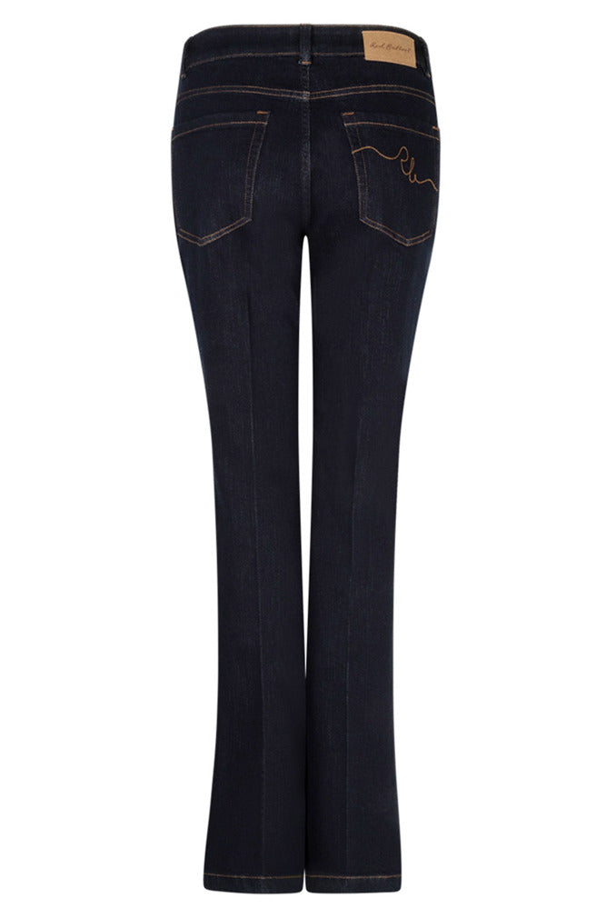 Dark blue flared jeans with back pockets and tan stitching detail.