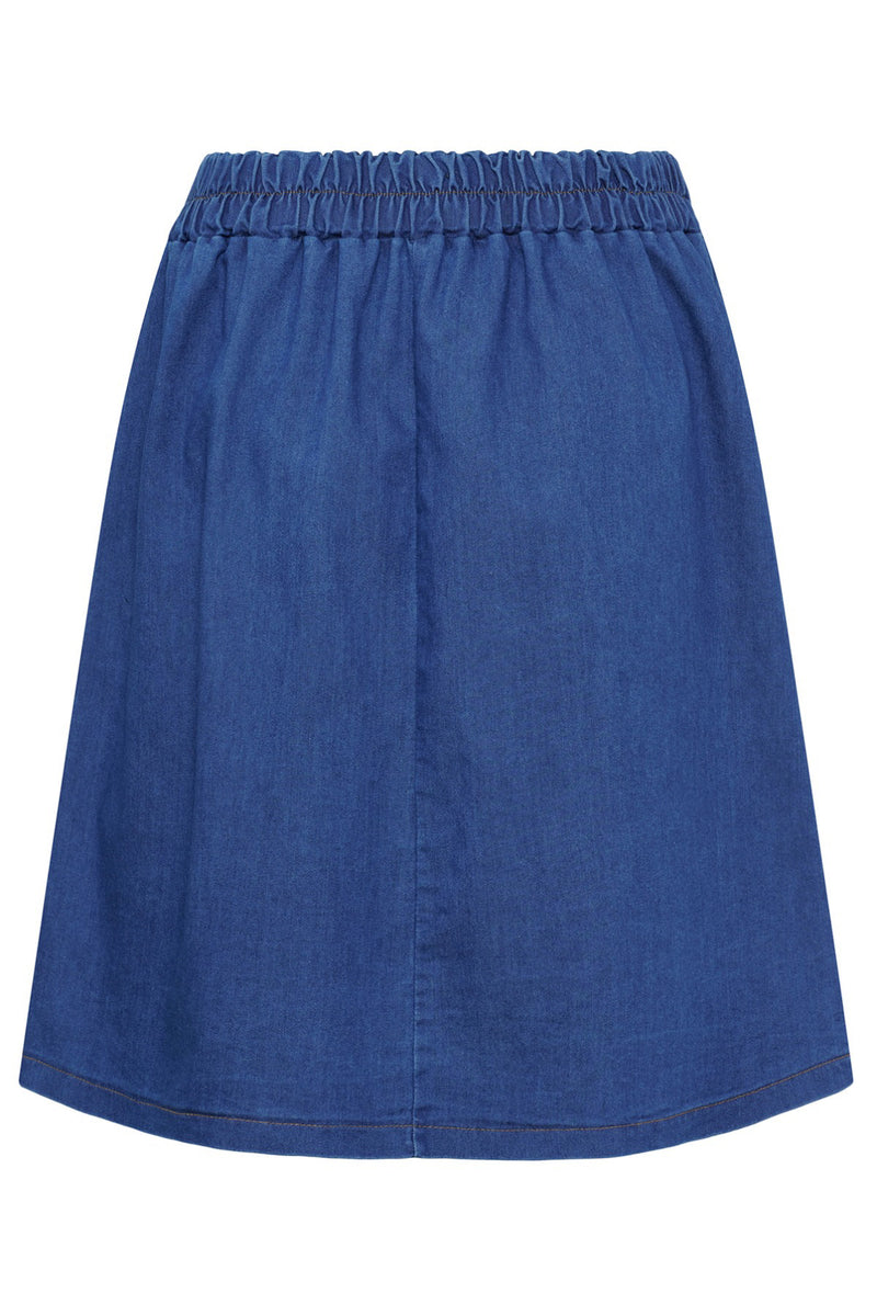 Blå nederdel i denim-look med elastik i taljen og let A-formet silhuet.